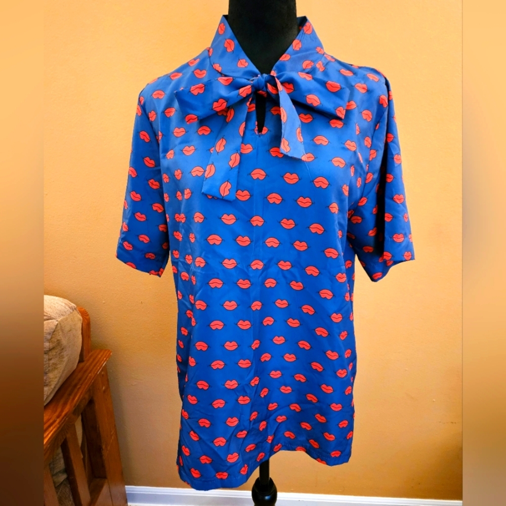 Blue Blouse with Red Lips Pattern